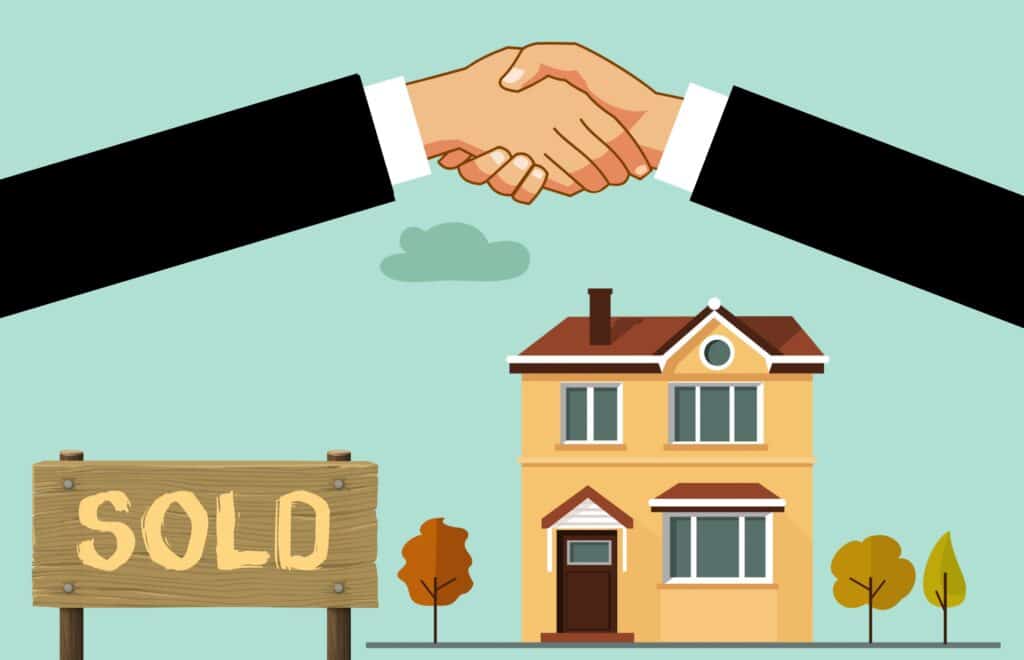Cartoon graphic of two hands shaking over a house with a sold sign.